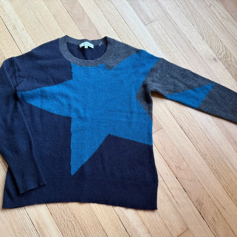 White + Warren Blue and Gray Star Crewneck Sweater
